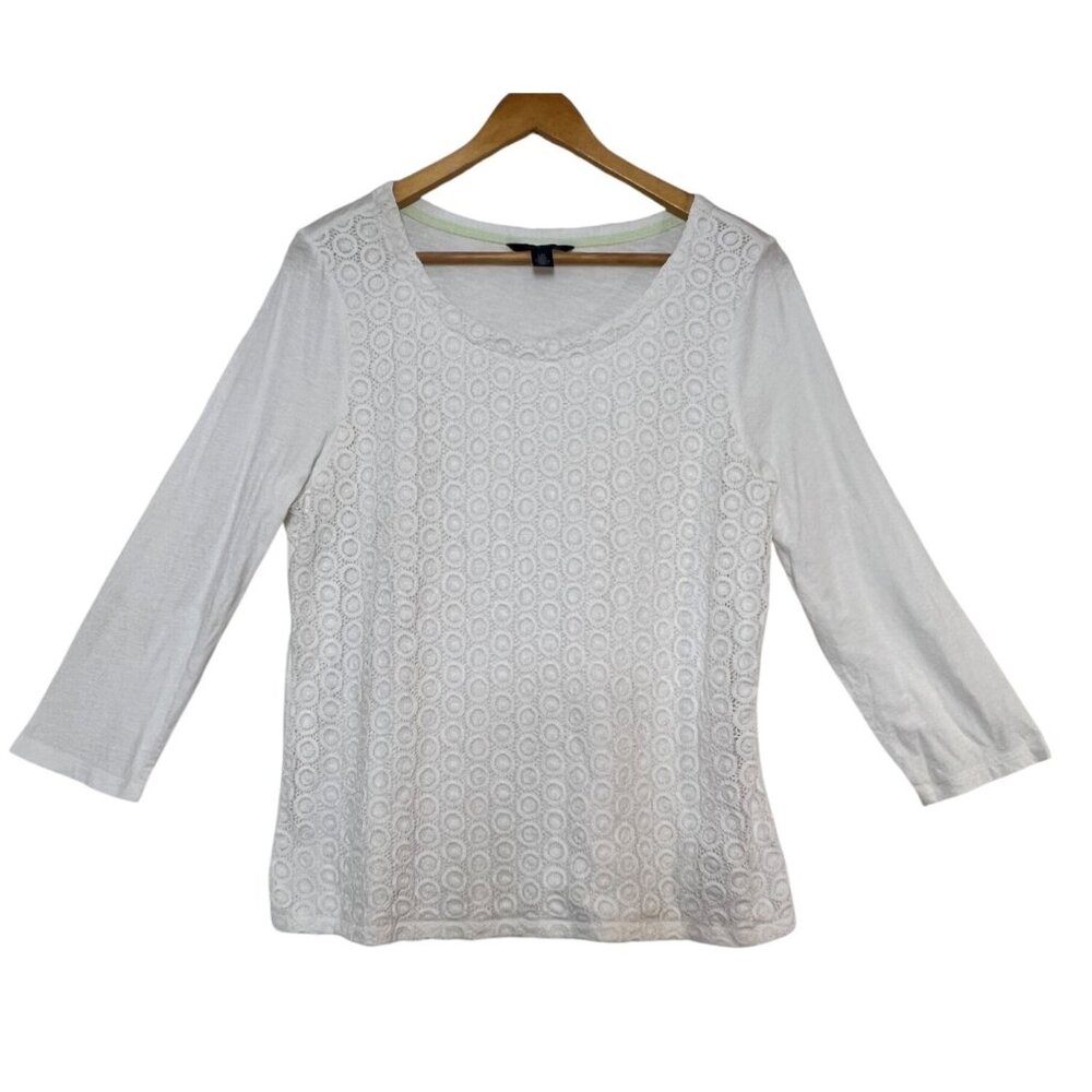 Tommy Hilfiger White Lace Front 3/4 Sleeve Top Womens Size L Pull-over
